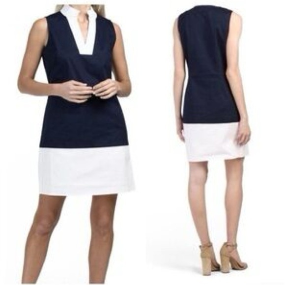 SAIL TO SABLE (STS) Colorblock Navy & White Sleeveless Shift Dress Women’s Sz L - Picture 2 of 11